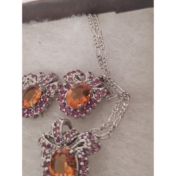 Women's 16" Sterling Silver Necklace & Pendant & Earrings Citrine & Garnet - Picture 2 of 10